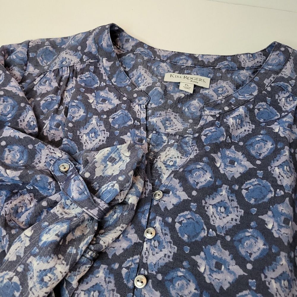 Kim Rogers Henley Blouse Women PL Blue Geometric Floral Roll Tab Sleeve Excellnt